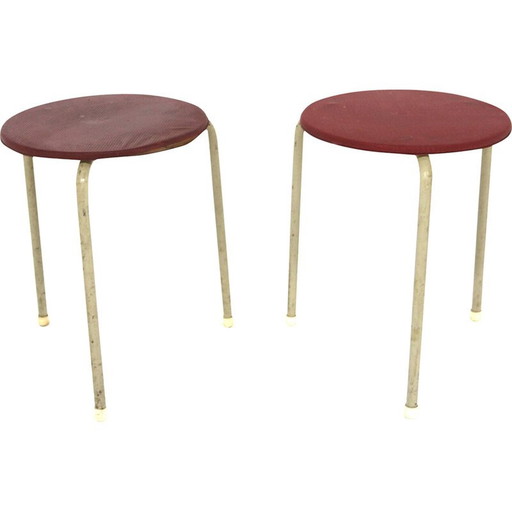 Pair of vintage metal and imitation leather stools, Sweden 1950