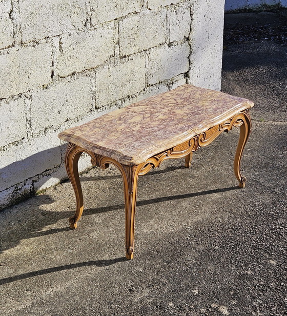 Image 1 of Tavolino da caffè in marmo vintage francese - Tavolino da cocktail in frassino e marmo - Tavolino da salotto - Stile Luigi XV - 