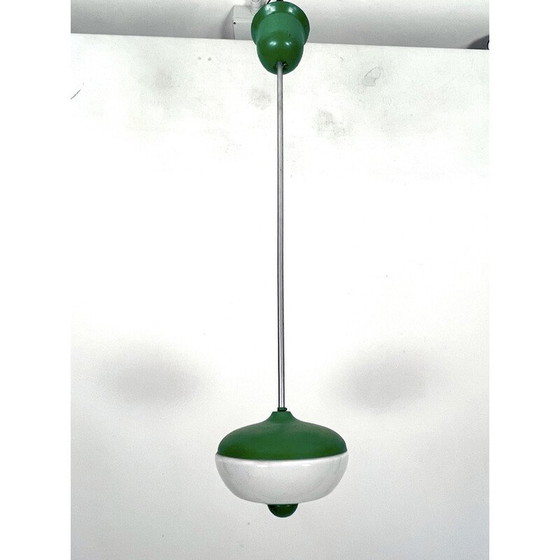 Image 1 of Lampada a sospensione vintage in lacca verde e vetro opalino, Italia 1950