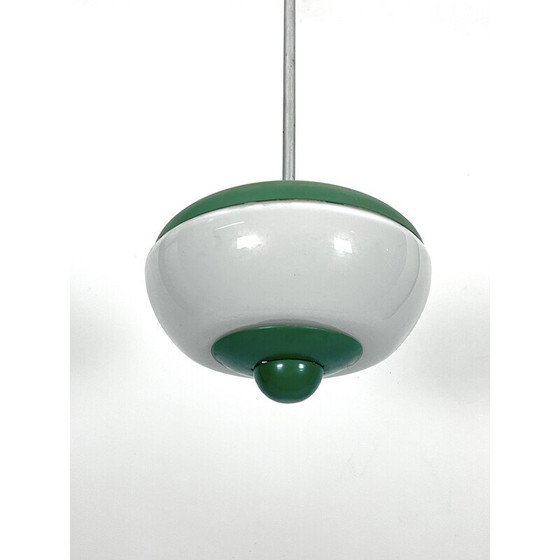 Image 1 of Lampada a sospensione vintage in lacca verde e vetro opalino, Italia 1950