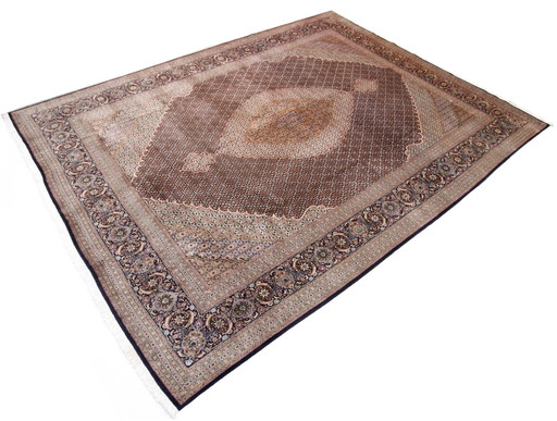 Alfombra persa original anudada a mano Tabriz Mahi fina con seda 400 x 302 cm en excelente estado