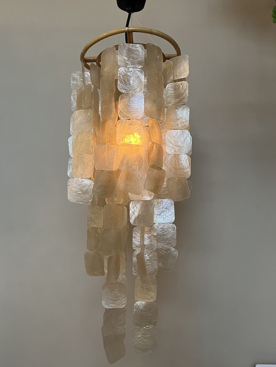 Image 1 of Set of 2 opaline pearl pendant lamps capiz shell lamps