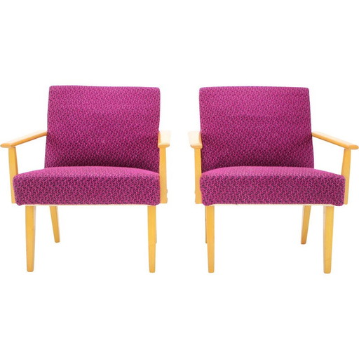 Pair of vintage armchairs in fabric and wood, Czechoslovakia 1960