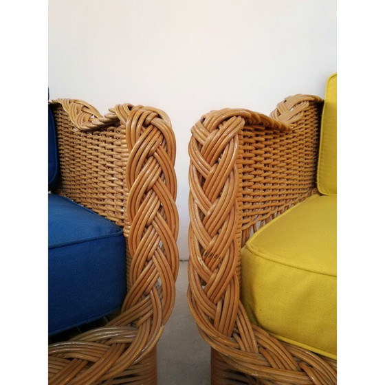 Image 1 of Pair of vintage wicker and rush armchairs, 1970s