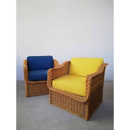 Pair of vintage wicker and rush armchairs, 1970s