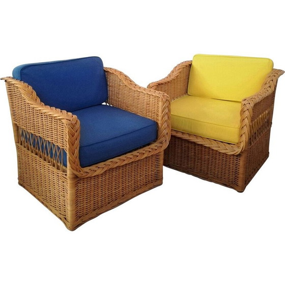 Image 1 of Pair of vintage wicker and rush armchairs, 1970s