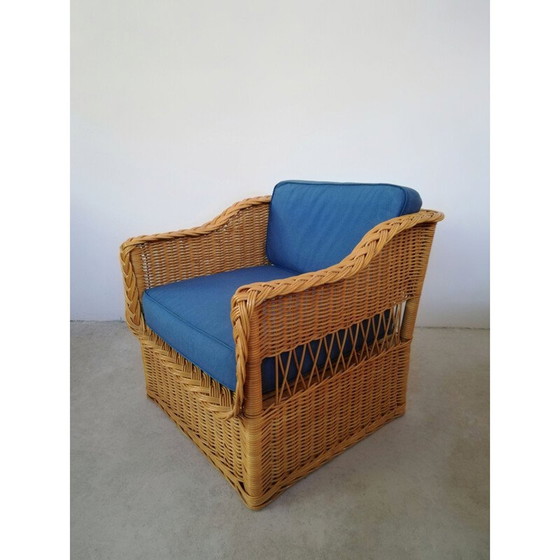 Image 1 of Pair of vintage wicker and rush armchairs, 1970s