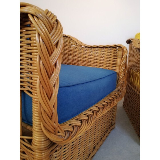 Image 1 of Pair of vintage wicker and rush armchairs, 1970s