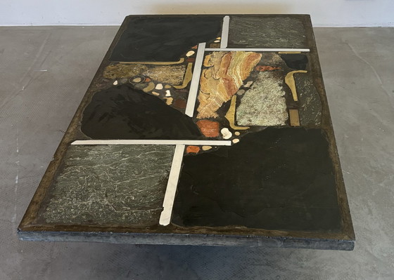 Image 1 of Paul Kingma Brutalist Slate Stone Coffee Table Autumn Colors 1973