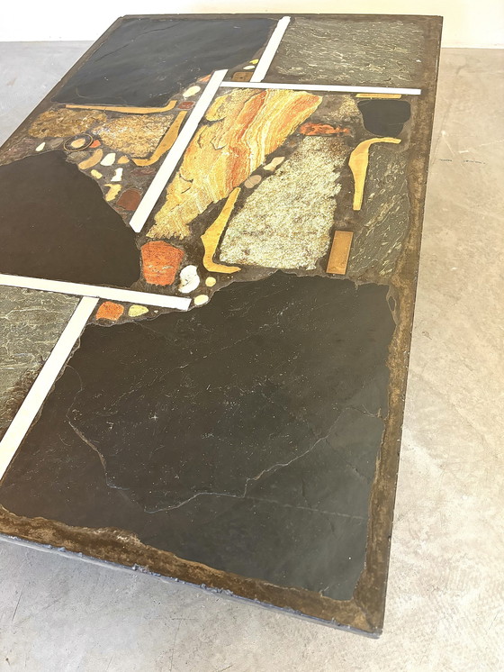 Image 1 of Paul Kingma Brutalist Slate Stone Coffee Table Autumn Colors 1973