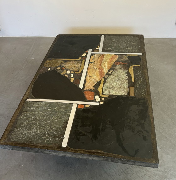 Image 1 of Paul Kingma Brutalist Slate Stone Coffee Table Autumn Colors 1973