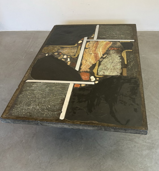 Image 1 of Paul Kingma Brutalist Slate Stone Coffee Table Autumn Colors 1973