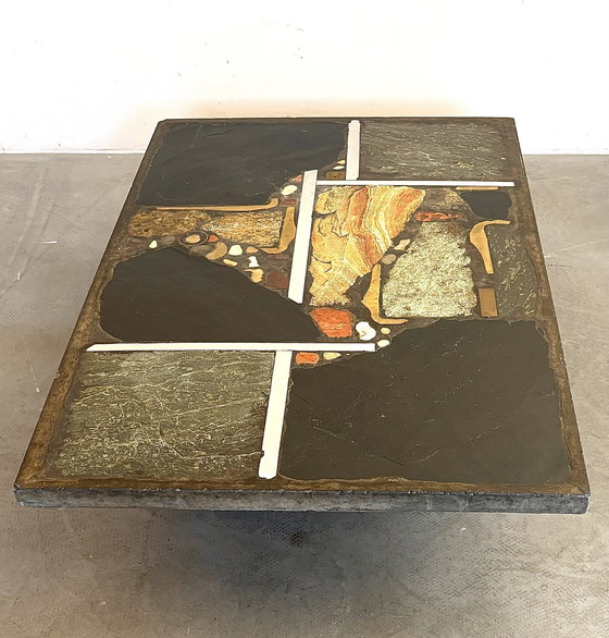 Image 1 of Paul Kingma Brutalist Slate Stone Coffee Table Autumn Colors 1973