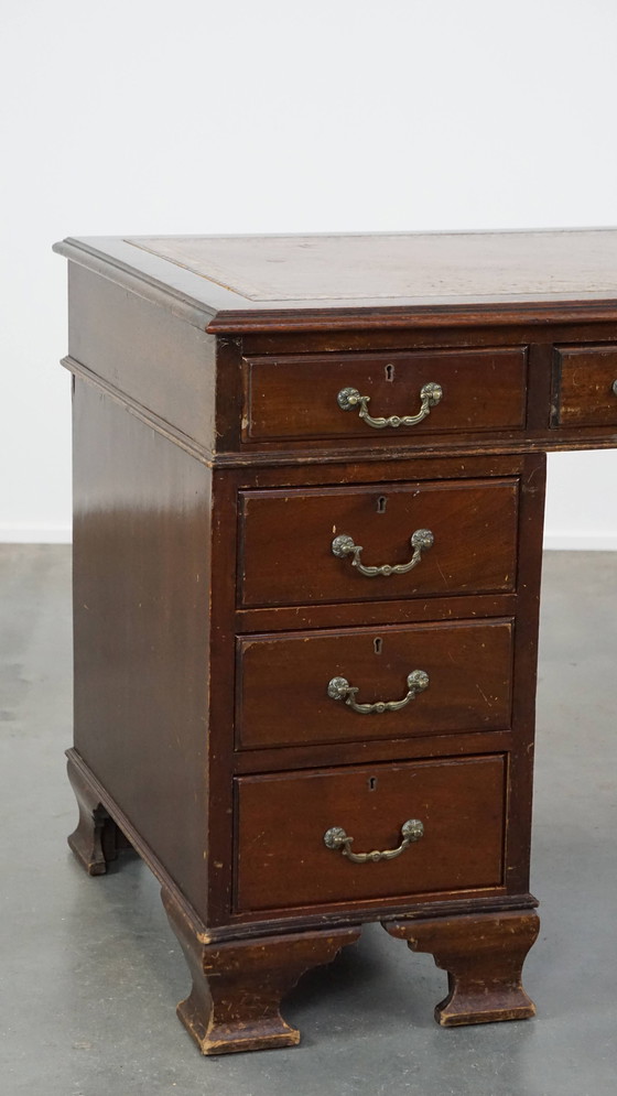 Image 1 of English Desk With Leather Desktop And 9 Drawers