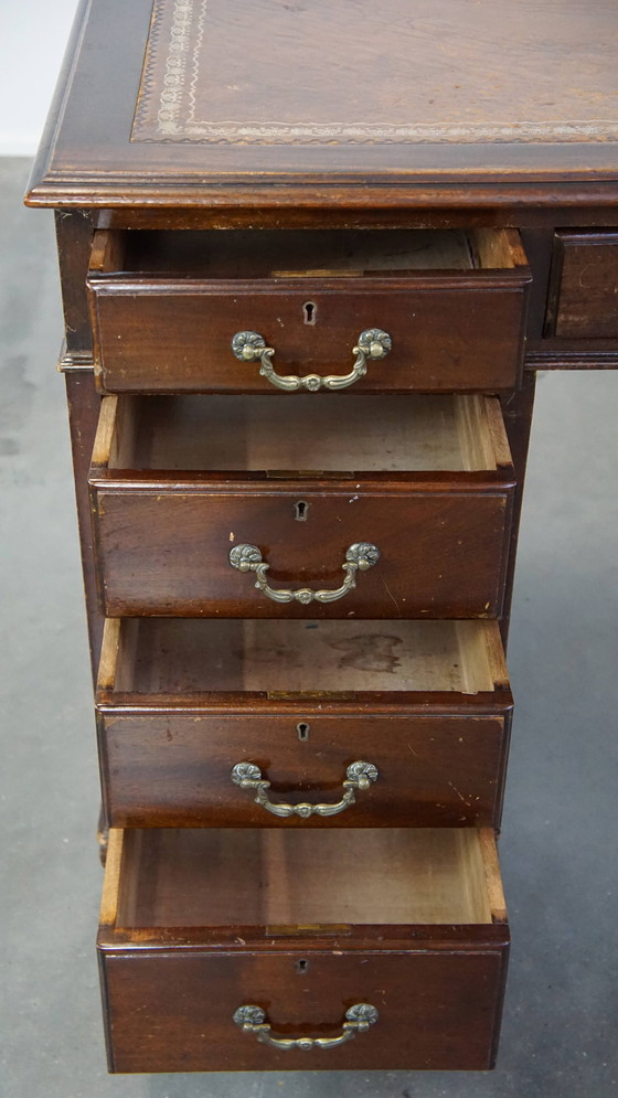 Image 1 of English Desk With Leather Desktop And 9 Drawers