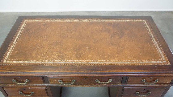 Image 1 of English Desk With Leather Desktop And 9 Drawers