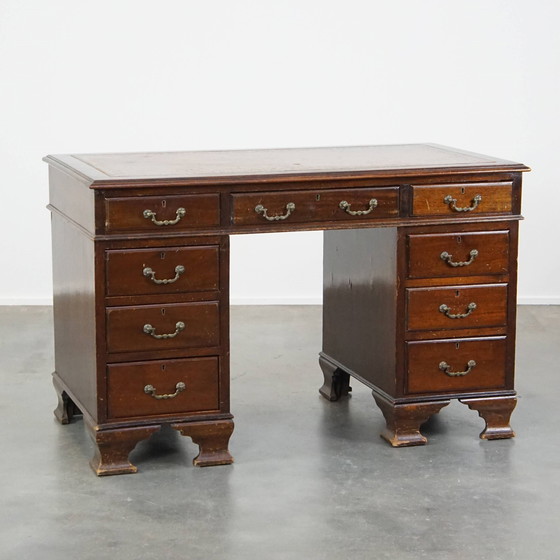 Image 1 of English Desk With Leather Desktop And 9 Drawers