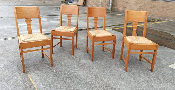 Image 1 of 4 X Art Deco Eiken En Riet Eetkamerstoelen 