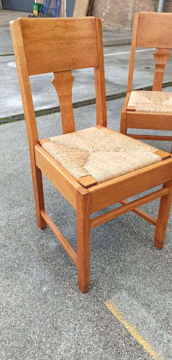 Image 1 of 4 X Art Deco Eiken En Riet Eetkamerstoelen 