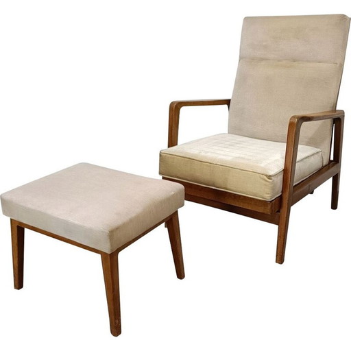 Vintage velvet fabric armchair and footrest by Knoll Antimot