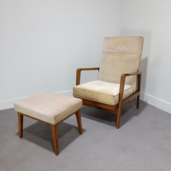 Image 1 of Vintage velvet fabric armchair and footrest by Knoll Antimot