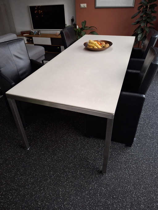 Dining Room Table With Stainless Steel Base And Stone Top + 4 Framati Dining Room Chairs