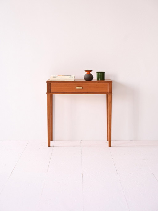 Vintage Teak Nightstand With Gold Metal Handle – Mid-Century Scandinavian Bedside Table
