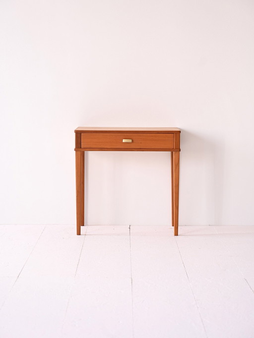 Vintage Teak Nightstand With Gold Metal Handle – Mid-Century Scandinavian Bedside Table