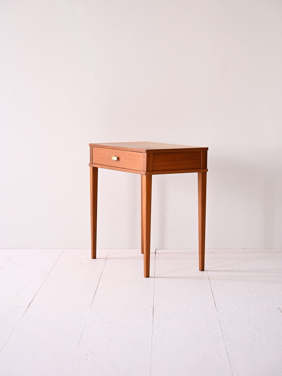 Image 1 of Vintage Teak Nightstand With Gold Metal Handle – Mid-Century Scandinavian Bedside Table