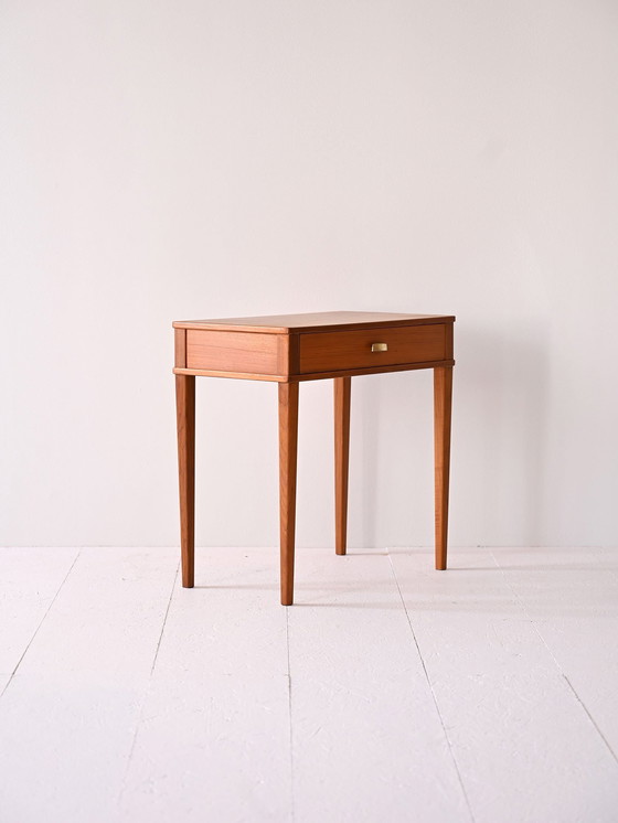 Image 1 of Vintage Teak Nightstand With Gold Metal Handle – Mid-Century Scandinavian Bedside Table