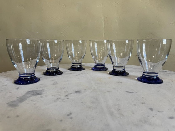 Image 1 of 6 X Art Deco 1930s Water Glasses Wine Glasses Blue Foot French