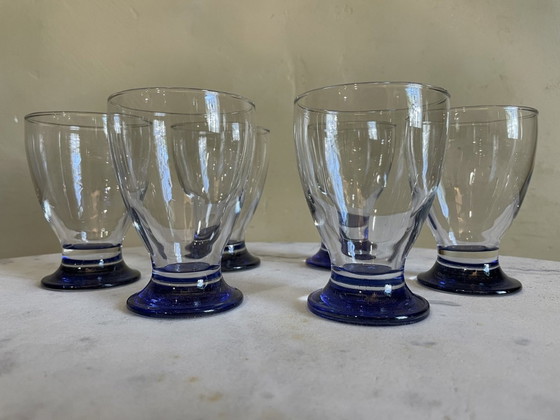 Image 1 of 6 X Art Deco 1930s Water Glasses Wine Glasses Blue Foot French