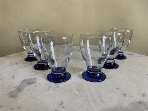 6 X Art Deco 1930s Water Glasses Wine Glasses Blue Foot French