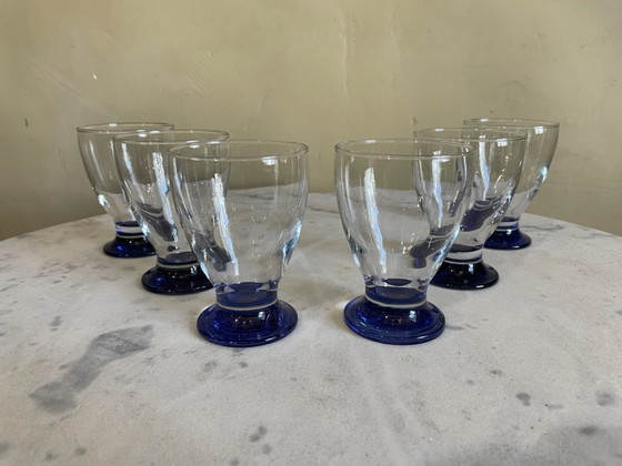 Image 1 of 6 X Art Deco 1930s Water Glasses Wine Glasses Blue Foot French