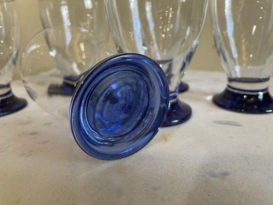 Image 1 of 6 X Art Deco 1930s Water Glasses Wine Glasses Blue Foot French