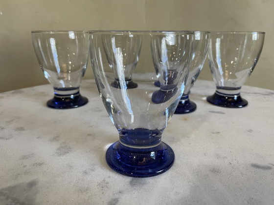 Image 1 of 6 X Art Deco 1930s Water Glasses Wine Glasses Blue Foot French