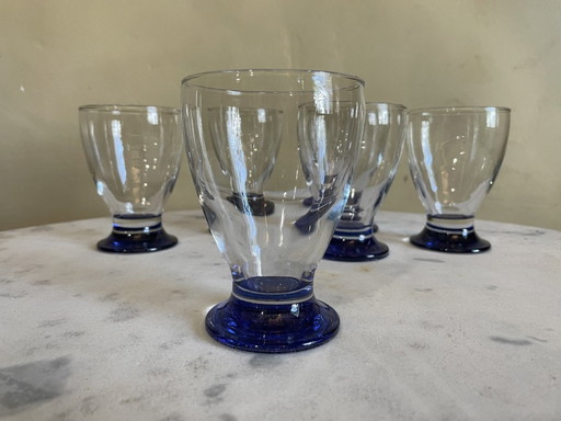 6 X Art Deco 1930s Water Glasses Wine Glasses Blue Foot French