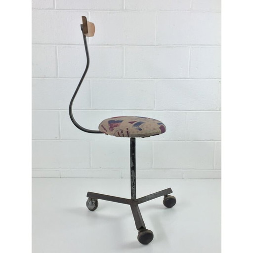 Vintage industrial grey metal and wood chair, Slovakia 1960