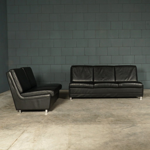 Set Midcentury Black Leather Sofas - 1960s