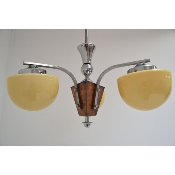 Image 1 of Lampadario vintage in vetro e legno in stile art déco, Cecoslovacchia, 1930