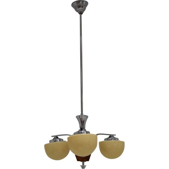 Image 1 of Lampadario vintage in vetro e legno in stile art déco, Cecoslovacchia, 1930