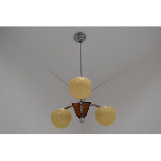 Image 1 of Lampadario vintage in vetro e legno in stile art déco, Cecoslovacchia, 1930