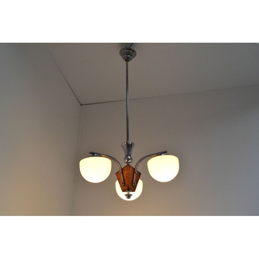 Vintage art deco glass and wood chandelier, Czechoslovakia 1930