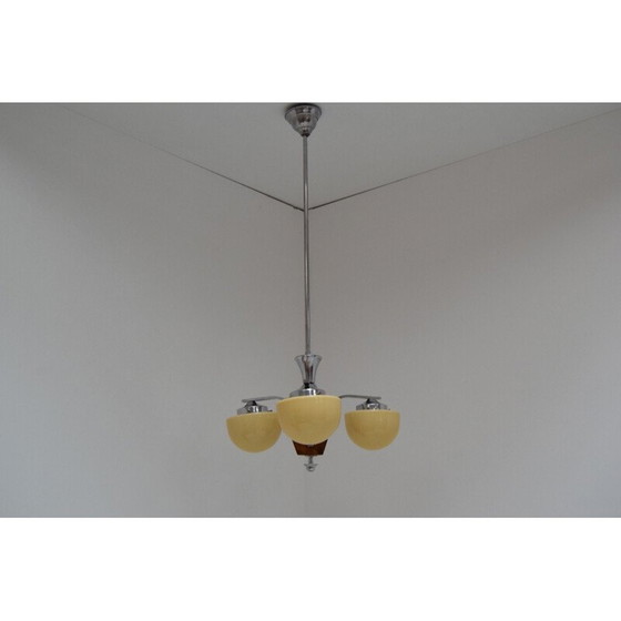 Image 1 of Lampadario vintage in vetro e legno in stile art déco, Cecoslovacchia, 1930