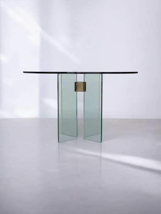 Table à manger en verre et laiton Peter Ghyzcy, Pays-Bas, années 1970