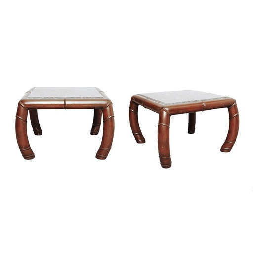 Pair of vintage coffee tables in faux bamboo and gray marble, 1960