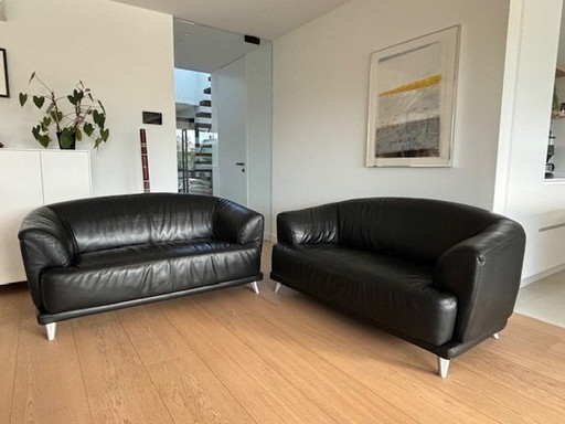 2x Black Leather Sofas