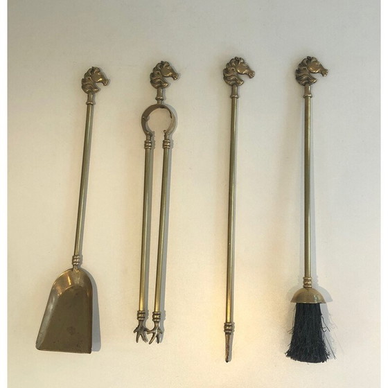 Image 1 of Set da fuoco vintage in ottone modello Tête de Cheval, Francia 1950