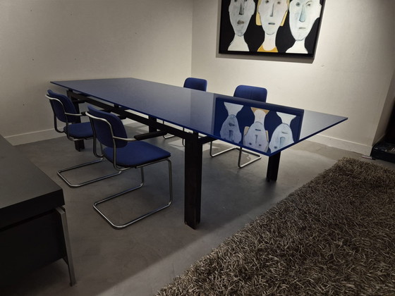 Image 1 of Unique Modern Design Dining Table - Steel Frame - Blue Glass