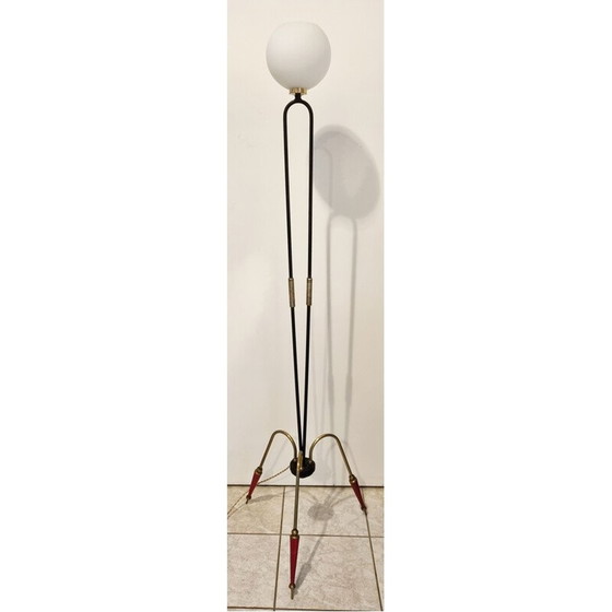 Image 1 of Vintage tripod floor lamp in steel, brass and opaline, 1950